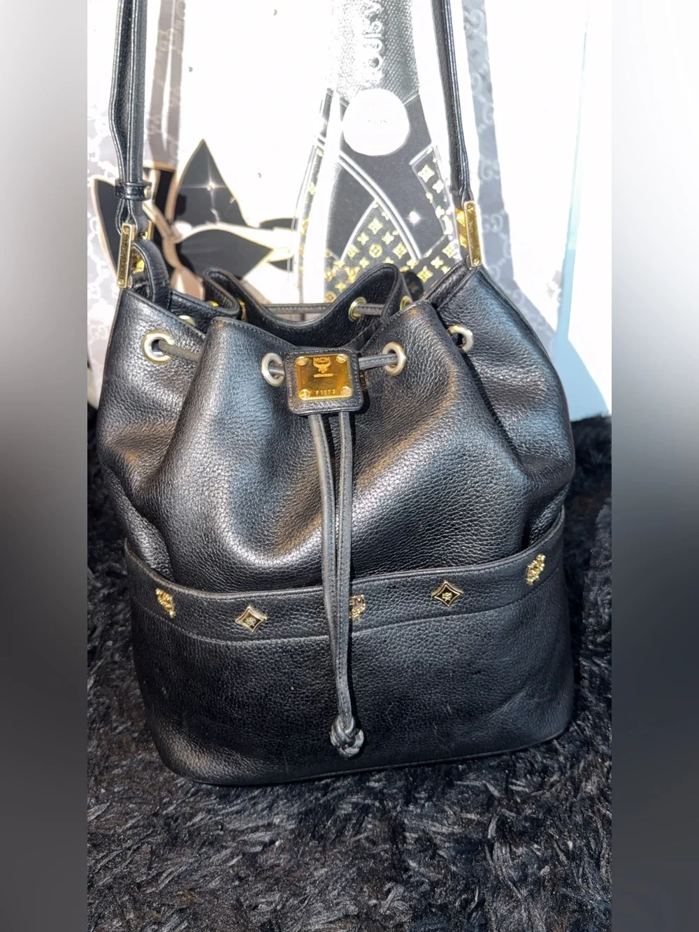MCM Drawstring Bucket Bag with Gold Accents